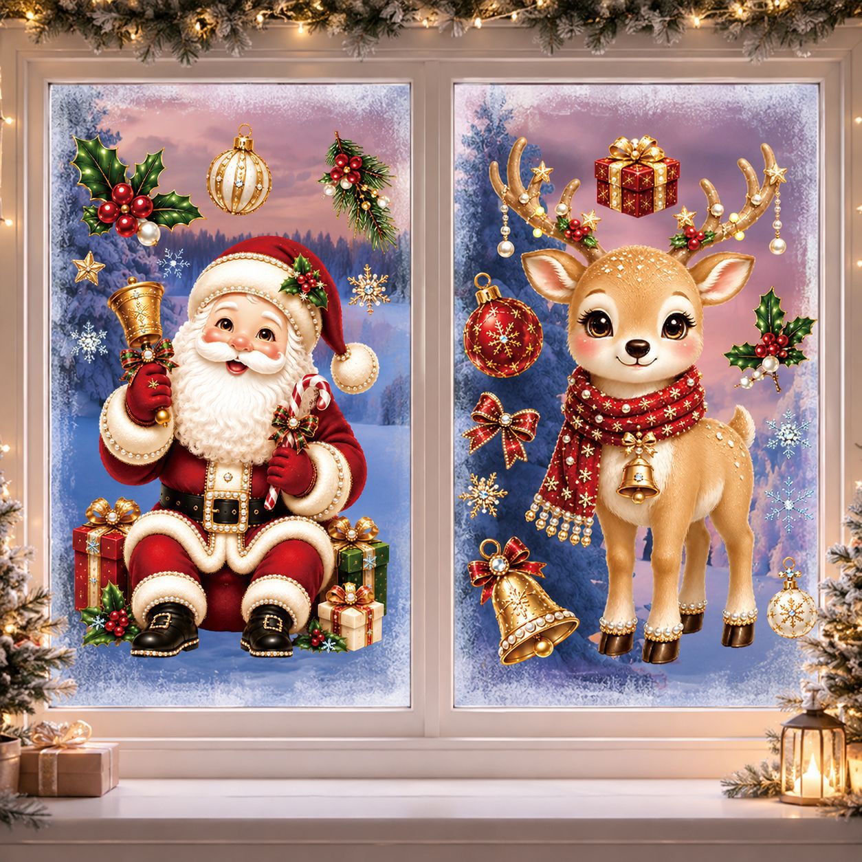 TEMU 2 Sheets Of Luxurious And Chic Jewelry-style Christmas Window Stickers Featuring Cute Deer Santa Claus Bells And Glass Stickers. Ideal For