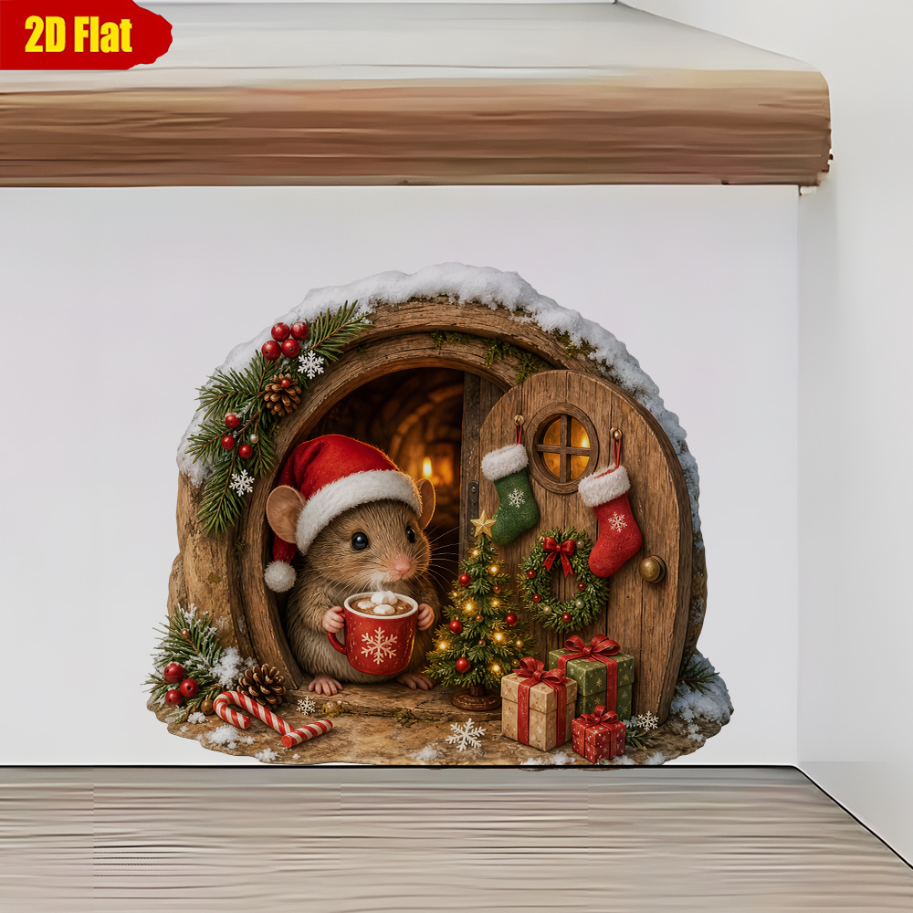 TEMU 1pc 2d Cute Mouse Christmas Tree Door Cave Self-adhesive Wall Sticker Tale Cottage Christmas Tree Gift Decoration Sticker Bedroom Entrance Hall