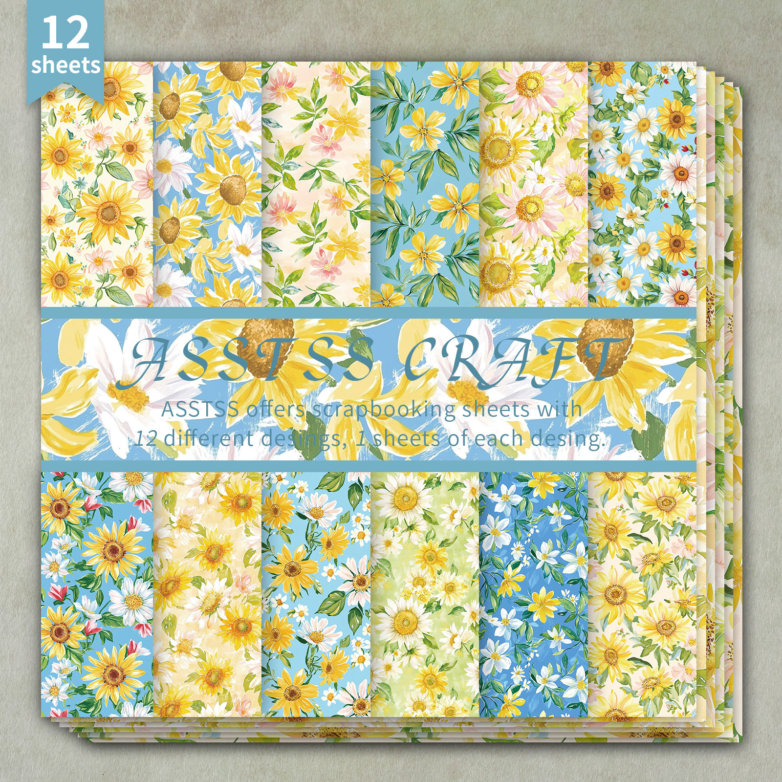 TEMU 12-sheet Asstss Inches Scrapbooking Paper Pad, Summer Sunflower And Daisy Watercolor Backing Paper Supplies, Heavyweight Cardstock For