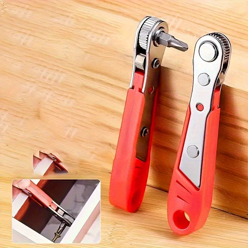 a red ratchet screwdriver with a narrow space ratchet handle allowing   and   operation in five different   it features an elbow right angle design and   a   function       it suitable as a gift for all   with a rounded head that fits 80   made of   and plastic material it operates manually and requires no assembly making it a product  