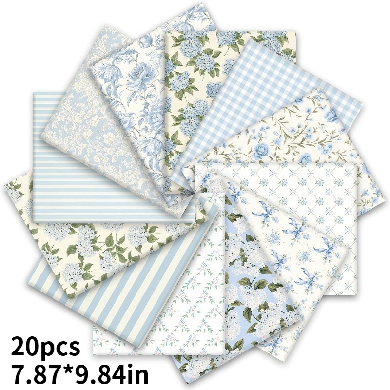 TEMU 20pcs Light Blue Vintage Floral Handmade Fabric - 20x25cm (7.87x9.84in) Sewing Supplies Suitable For Diy Quilting, Doll Making, Bag & Home Decor
