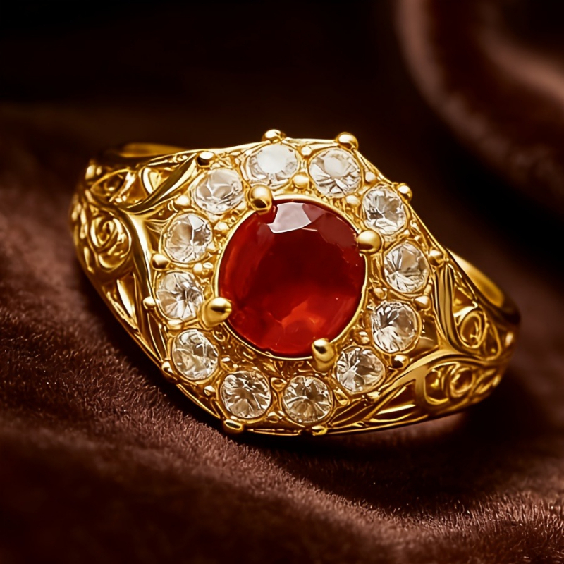 Women's Unique Red Stone Halo Ring, Golden Tone Filigree