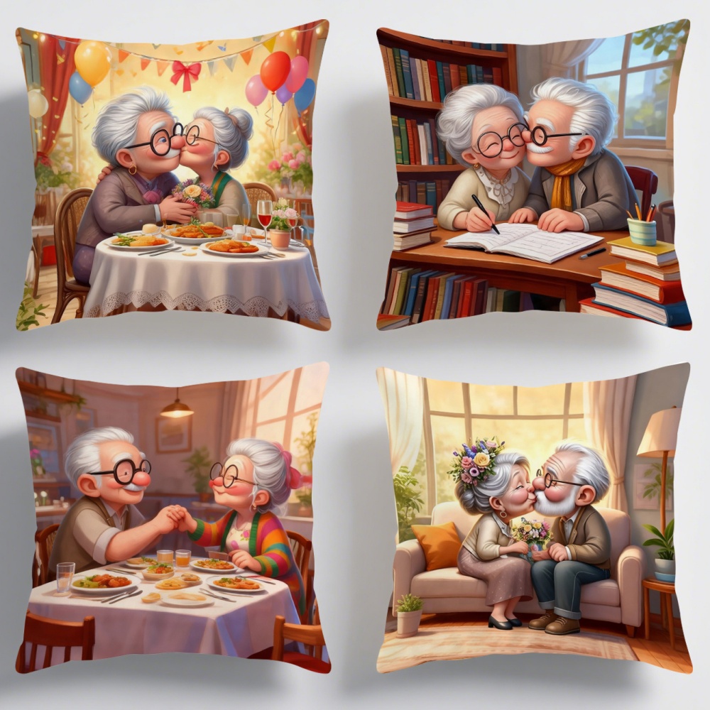 TEMU 4pcs 2d Flat Printing Summer Pillowcases, Optional, Embossed Elderly Couple, Scene, Balloon Bouquet Patterns, Non-real Embroidery Single-sided