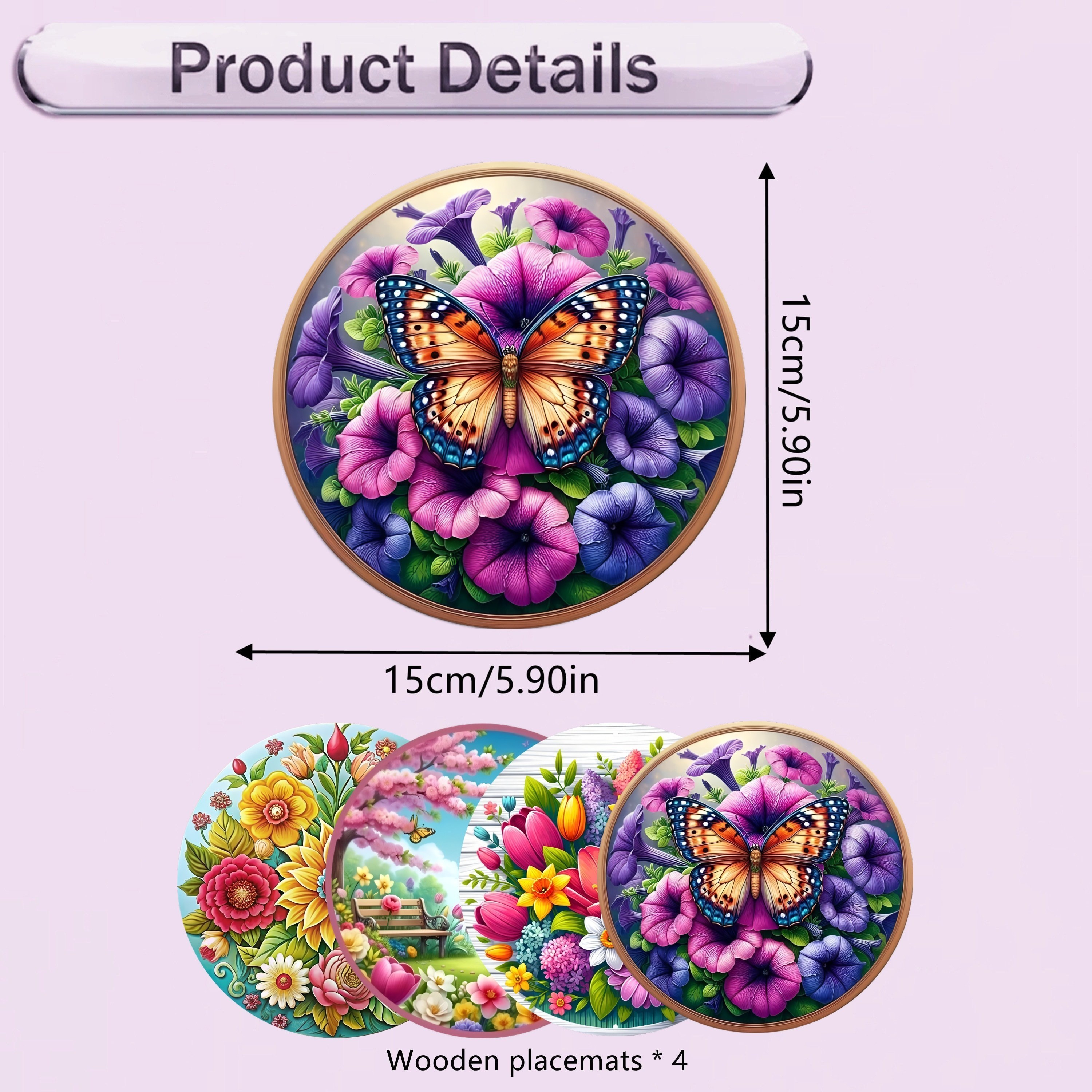 Image of 4pcs Set Of Vibrant Floral Wooden Placemats - Durable, Heat-resistant, Non-slip, And Easy To Clean - Perfect For Kitchen, Dining Room, Office, Café, Home Decor, Gift For , , , Ideal Holiday Gift