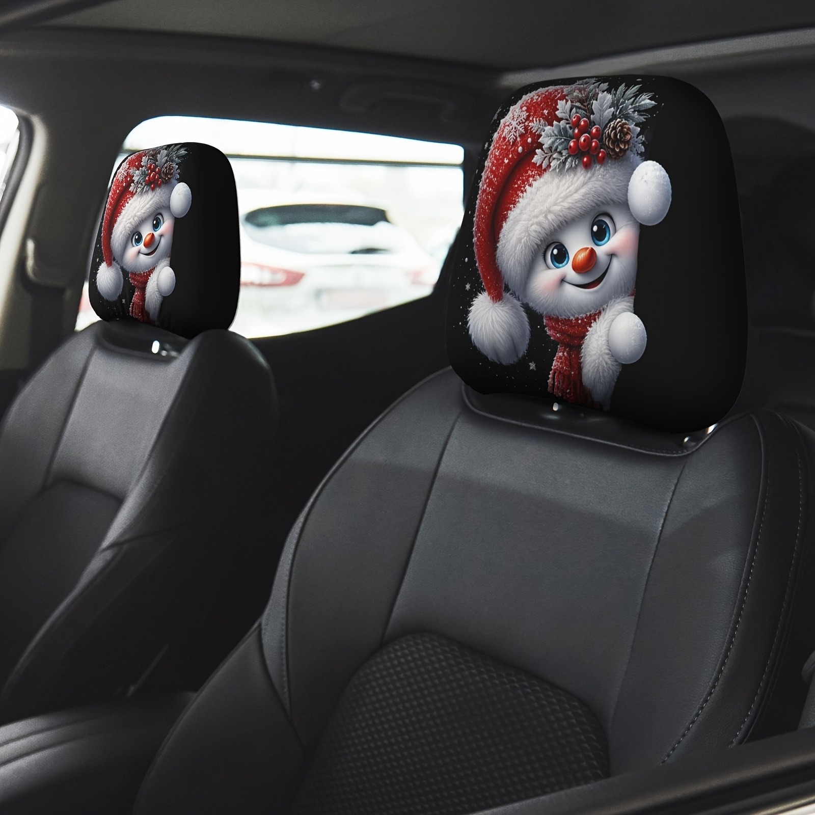 TEMU 2pcs Christmas Snowman Pattern Printed Car Headrest Covers, Fun And , 2d Flat, , And Machine Washable, Decor For Holidays, Ideal Gift For , ,