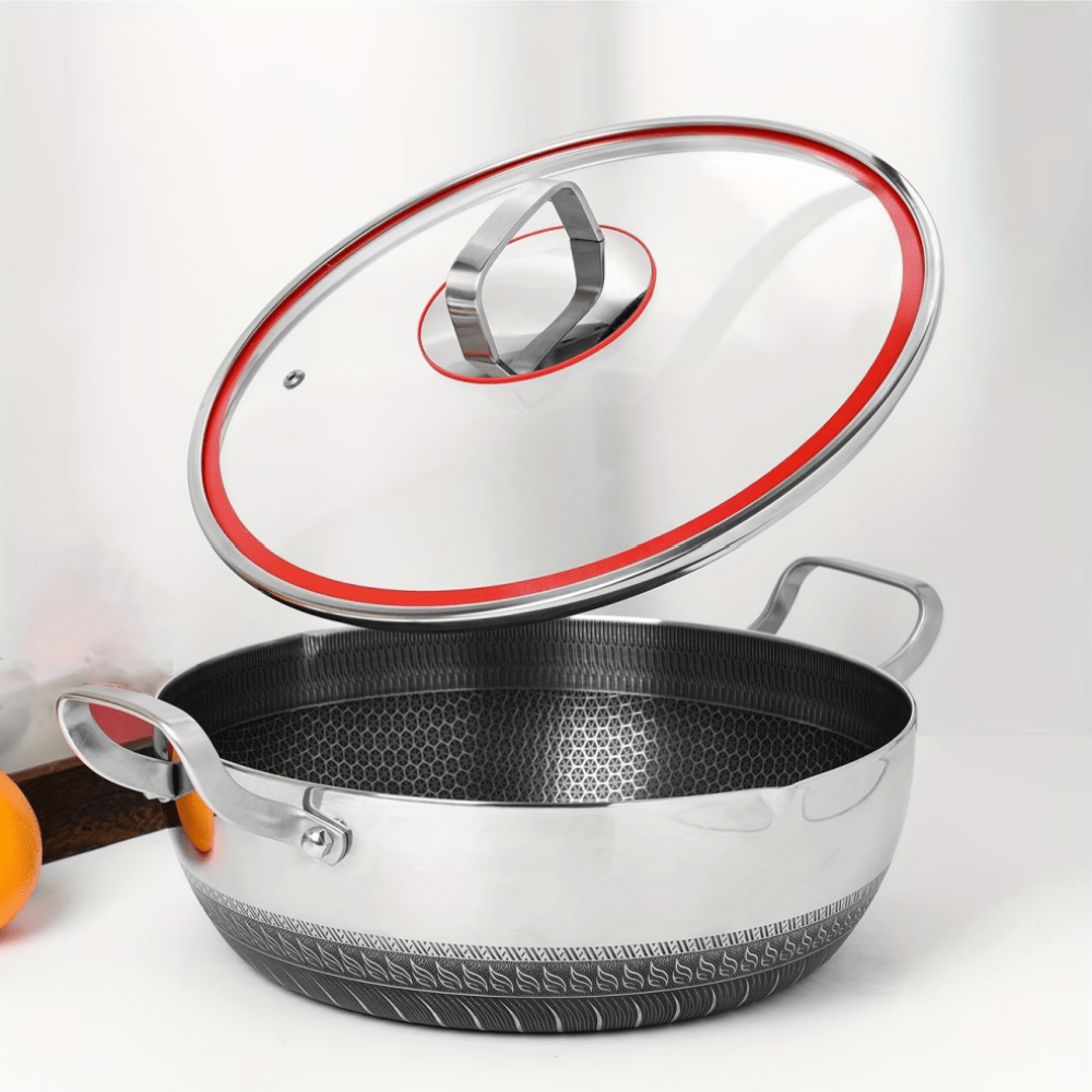 item picture heavy duty stainless steel soup pot versatile frying pan with glass lid and dual handles compatible with all stovetops durable non stick cookware ideal for soups pasta     boiling and slow cooking   cooking cooking pot