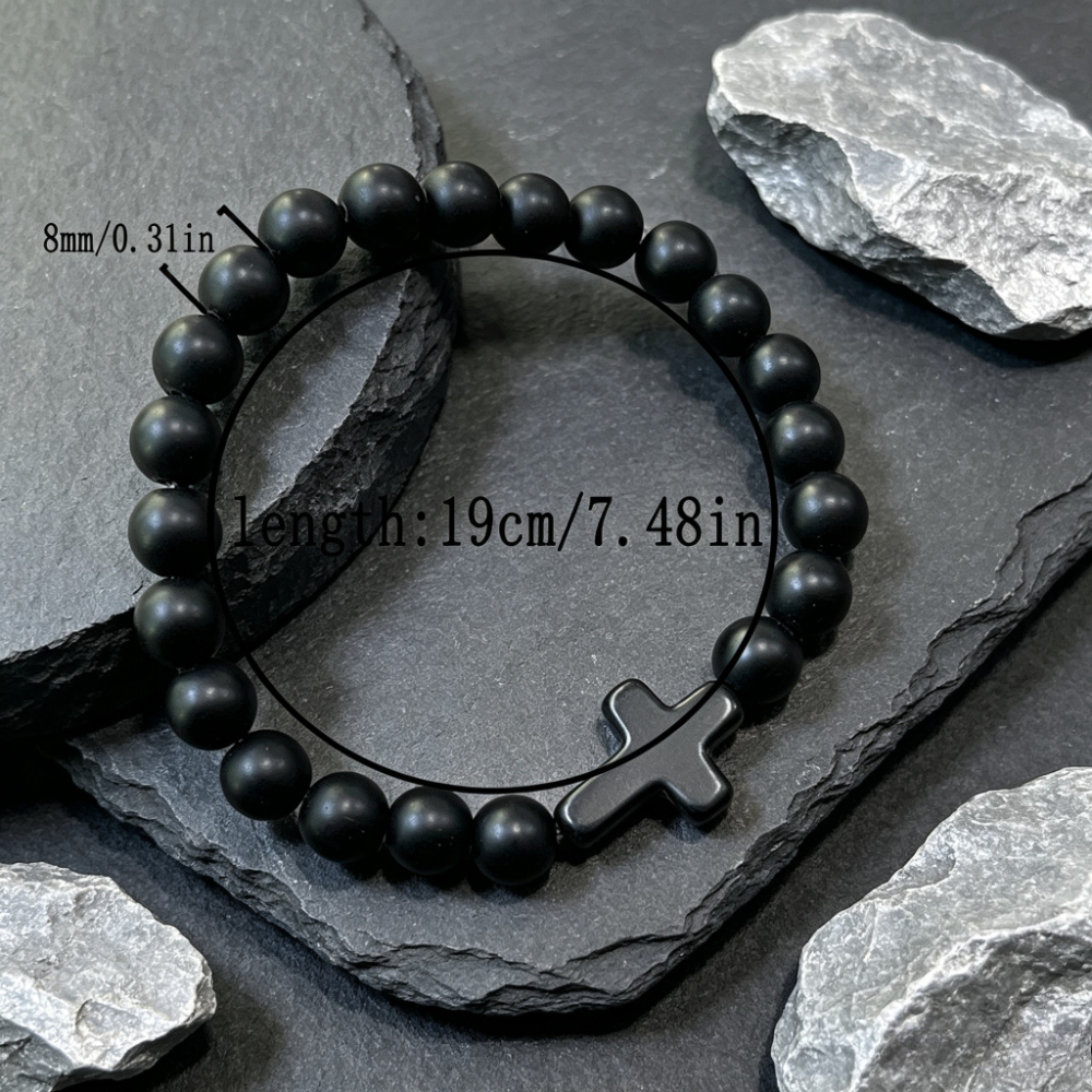 Natural Matte Black Agate Beads Bracelet with Cross Pendant