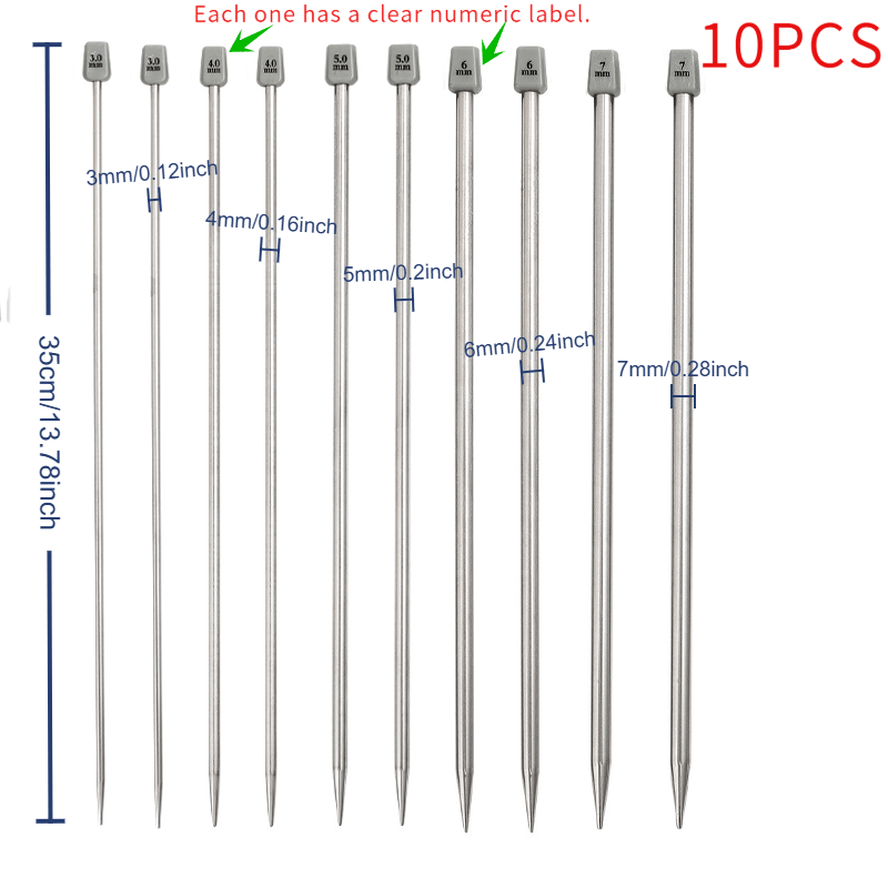 TEMU 35cm/13.78inch Single-point Stainless Steel Long Circular Knitting Needles, Includes Sizes 3/4/5/6/7mm, 10pcs Set Of Hollow Stainless Steel