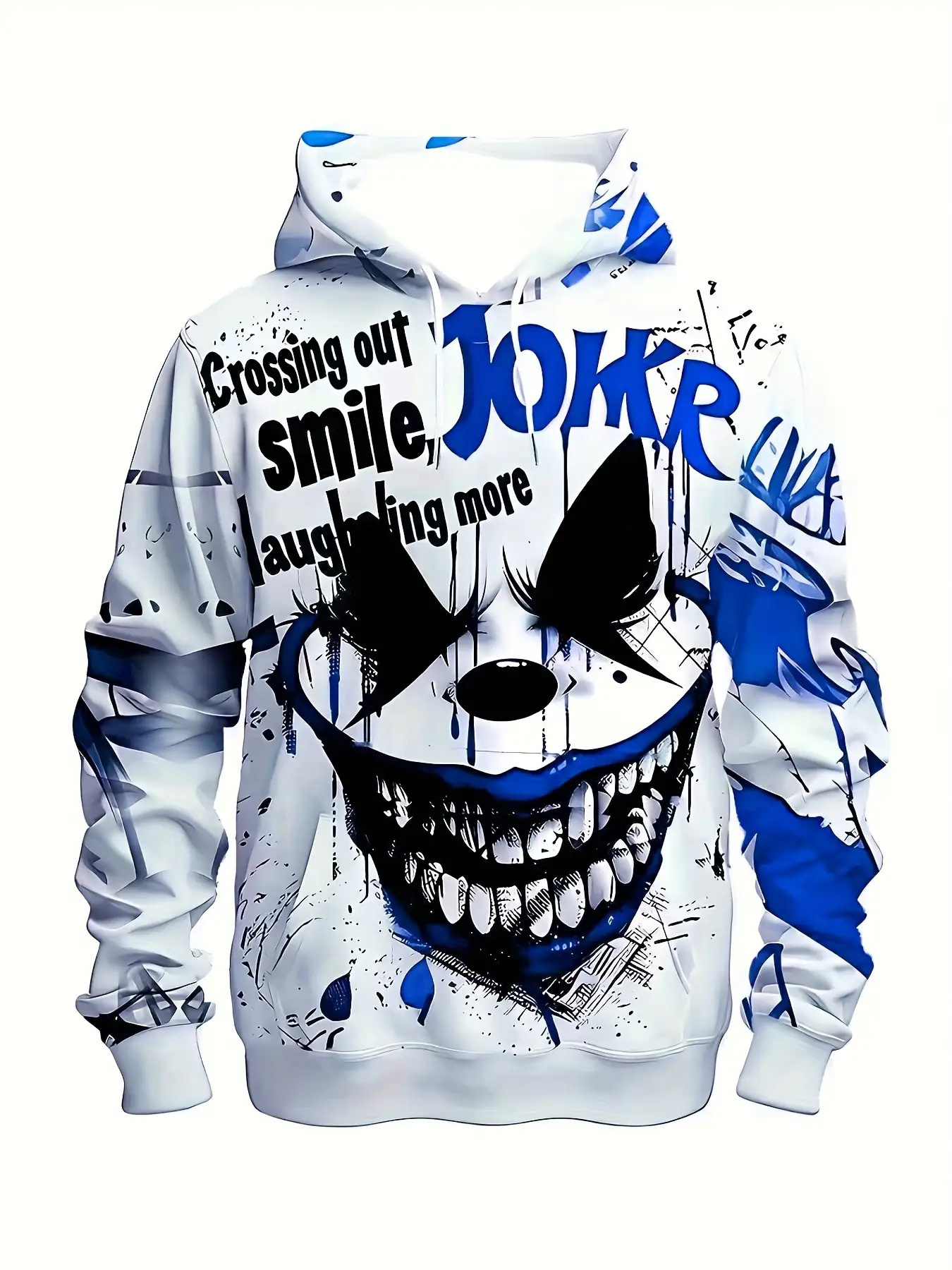 Men's 3D Printed Clown Face Hoodie with Red Splatter & "While Teeth Still Smile" Text - Stretch Knit Pullover Sweatshirt, Elastic Drawstring Hood, Plus Size Casual Costume for Parties, Carnivals, Outdoor Wear (Pop Culture Inspired)