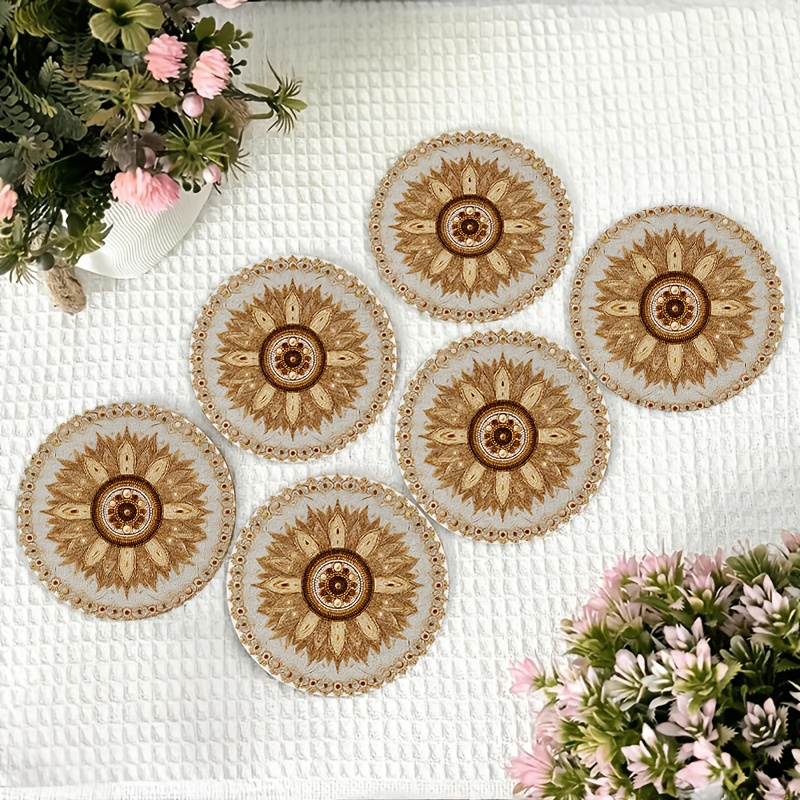 TEMU A Set Of 6 White And Golden Beaded Mandala Coasters, Perfect For Insulating Kitchen Tables, A Must-have For Holiday Gatherings, And Suitable For