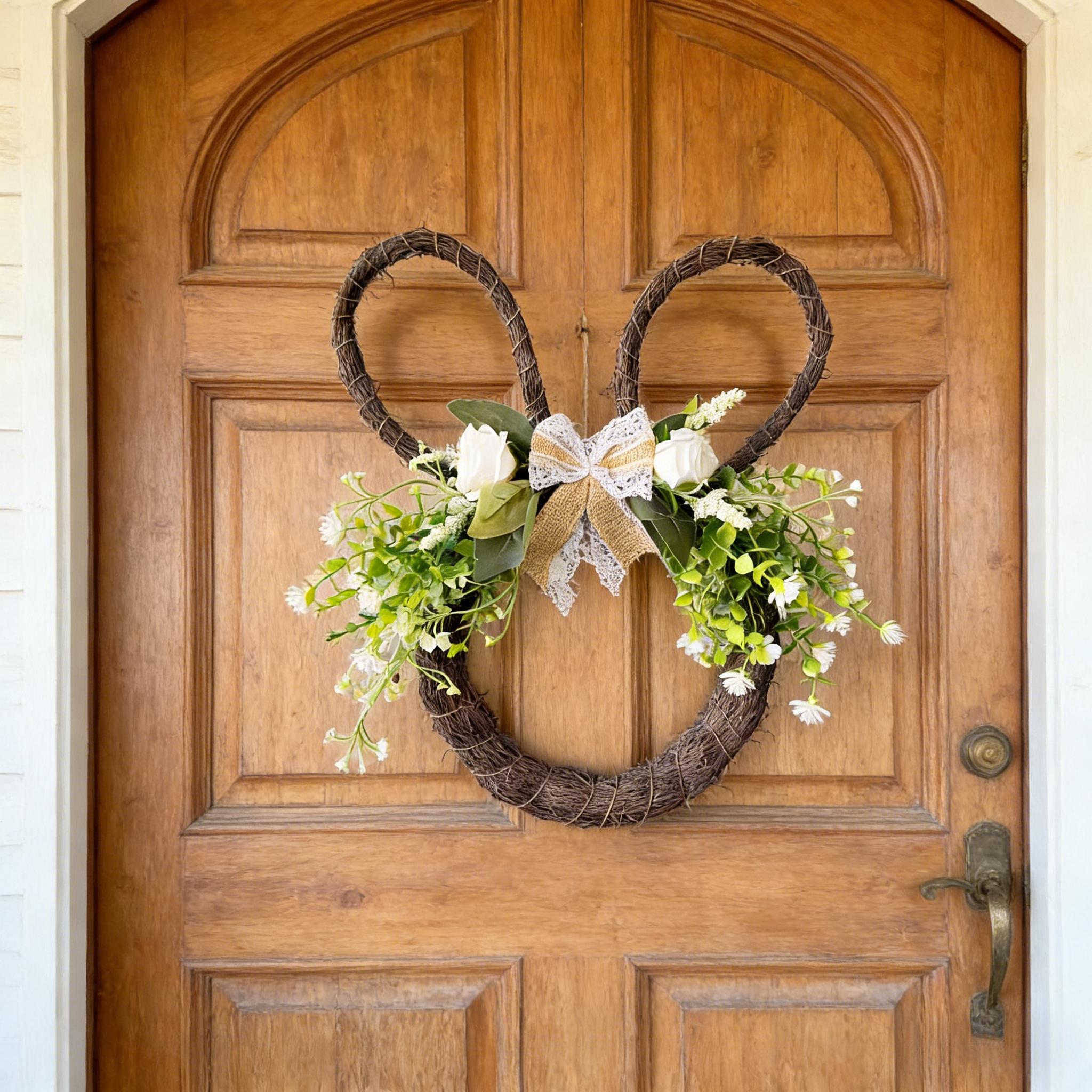 1pc Easter Bunny Wreath For Front Door, Moss Bunny Wreath, Bunny Ear Wreath, Easter Wreath With Ears, Cute Easter Wreath, Neutral Easter Decor
