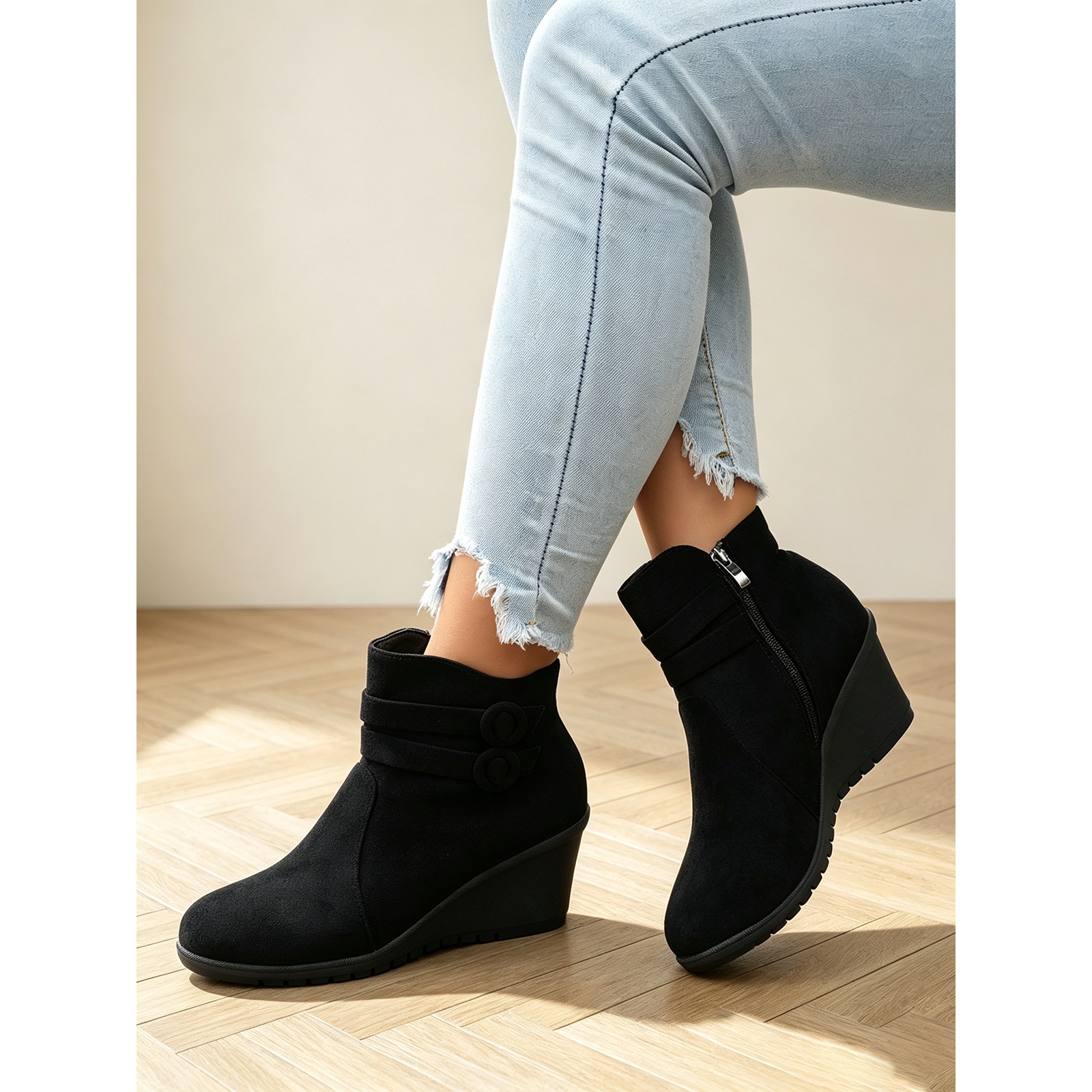 TEMU Women's Vintage Effect Slouchy Ankle Boots With Side Zipper And Plush Lining, Platform Wedge Heel Short Boots For Uniforms And Formal Wear, New