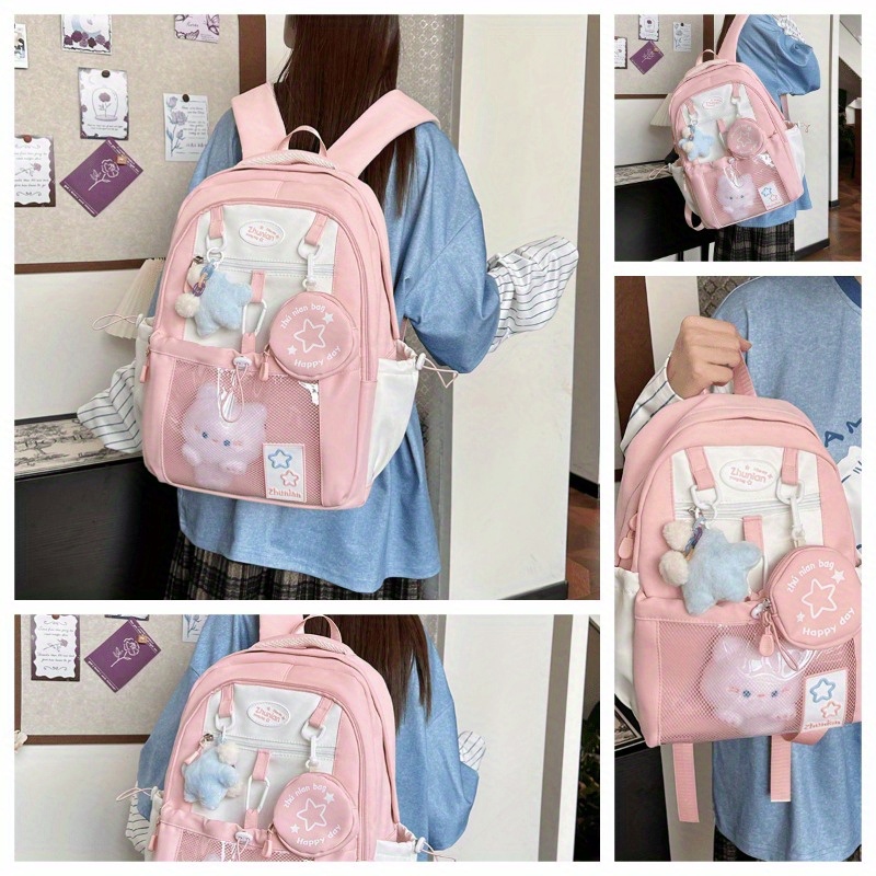 stylish nylon backpack with cute bunny charms lightweight design adjustable straps front mesh pocket happy little blue yellow black school or casual use everyday bag stylish backpack backpack for travel details 6