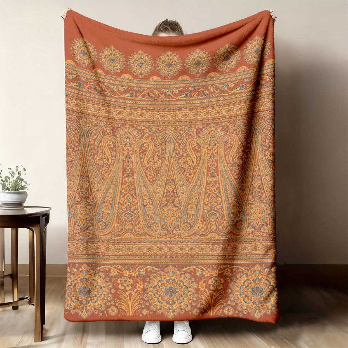 TEMU 1pc Terracotta Paisley Border Patternsummer 2026 Flannel Fleece Blanket | Oversized Lightweight Absorbent Soft Extra Large Plush | With Strong