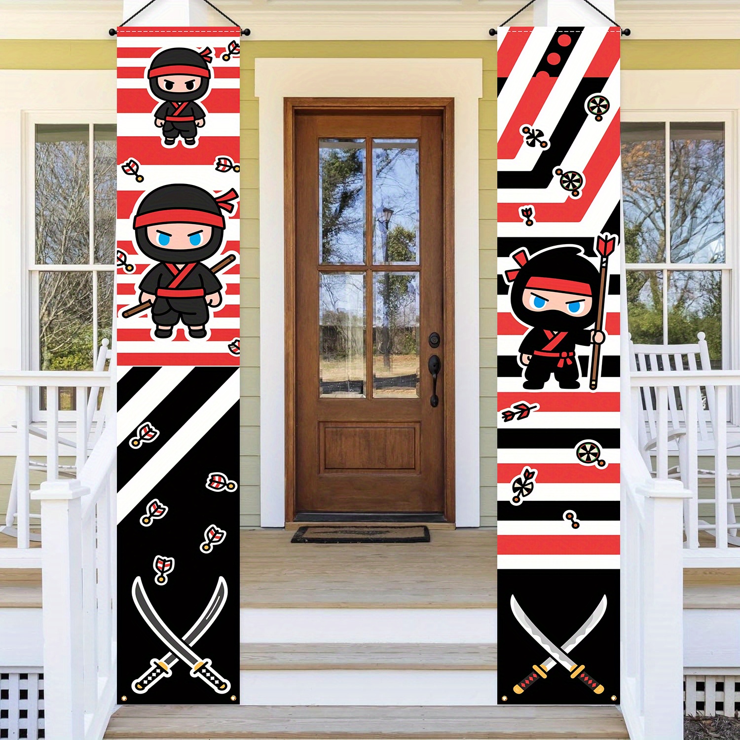 TEMU Ninja Birthday Banner 2pcs Set - Large 12x70.8 Inches Red/black/striped Design - Heavy-duty Decoration, Suitable For Ninja, Karate Parties,