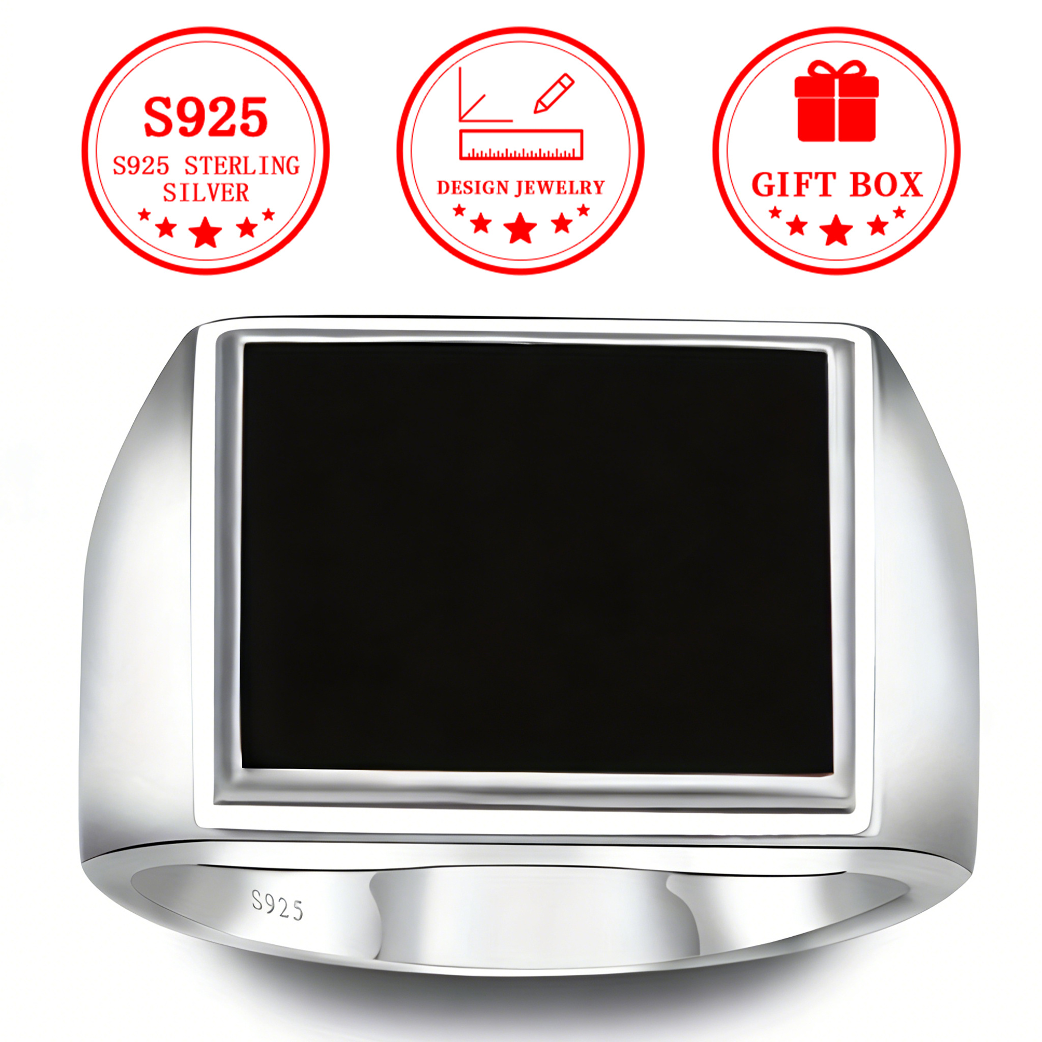 Men's Classic S925 Silver Wide Band Onyx Ring