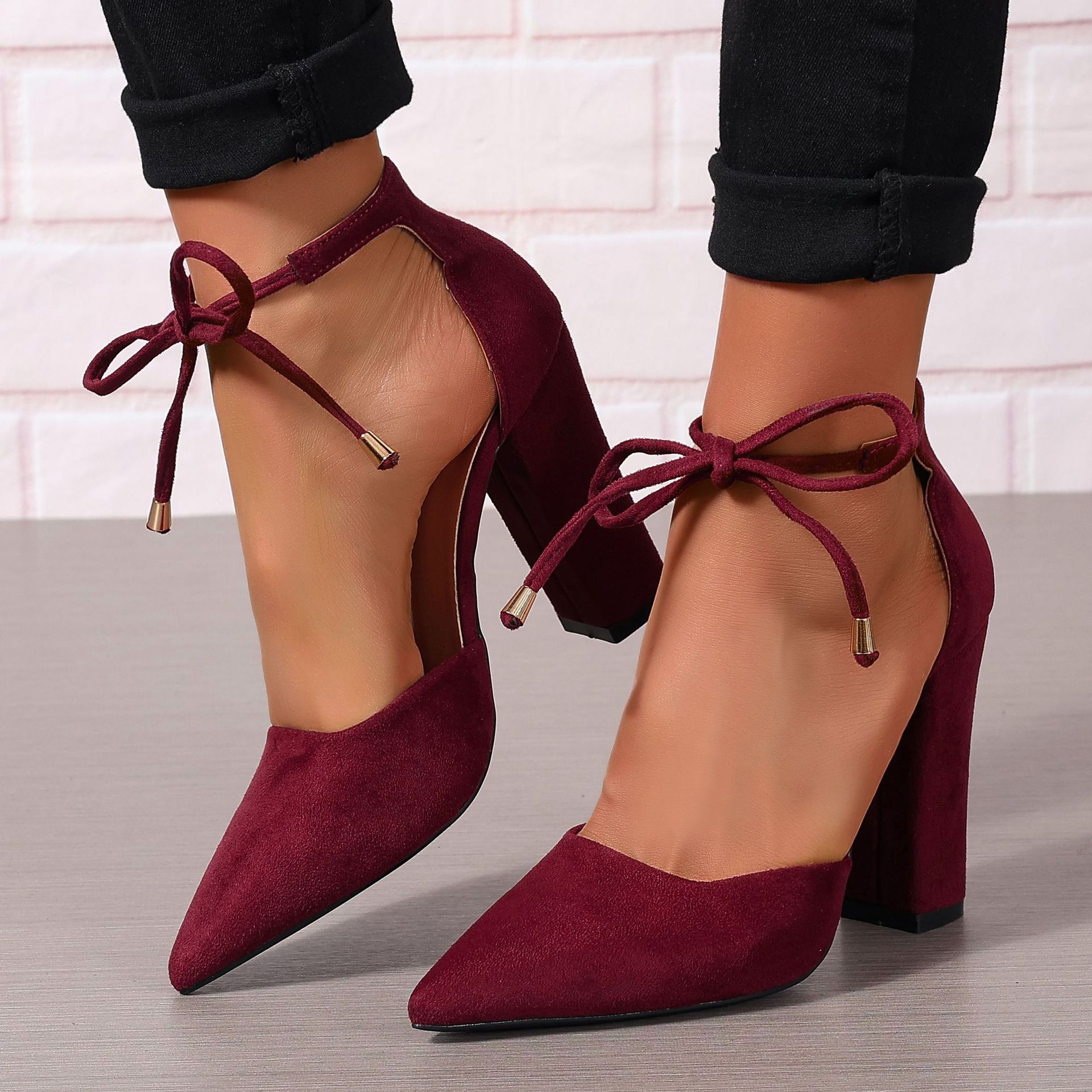 European And American Pointed-toe Hollow Thick-heeled High Heels, Elegant Ankle-tied Bow Shoes, And Versatile Women's Fashion Shoes Suitable For Commuting And Banquets, Women Shoes