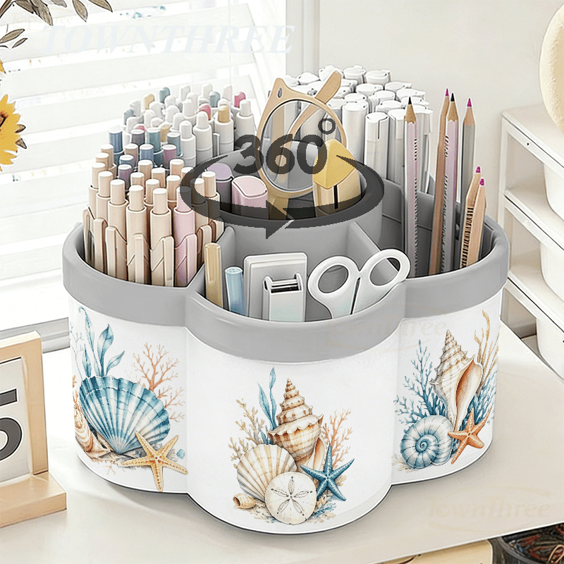 TEMU Drehbarer Stifthalter und Kosmetik-Aufbewahrungsbox | Unterwasserwelt Muschel Deko-Aufkleber - 360° Drehbare Praktische Desktop-Aufbewahrungsbox