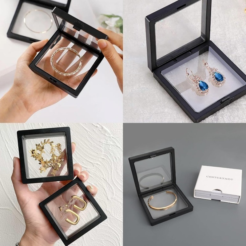 50pcs classic 3d floating display boxes transparent pe film tabletop mounting lockable   closure fabric interior rectangle shape moisture proof storage for jewelry earrings bracelets rings   specimens Product details 3