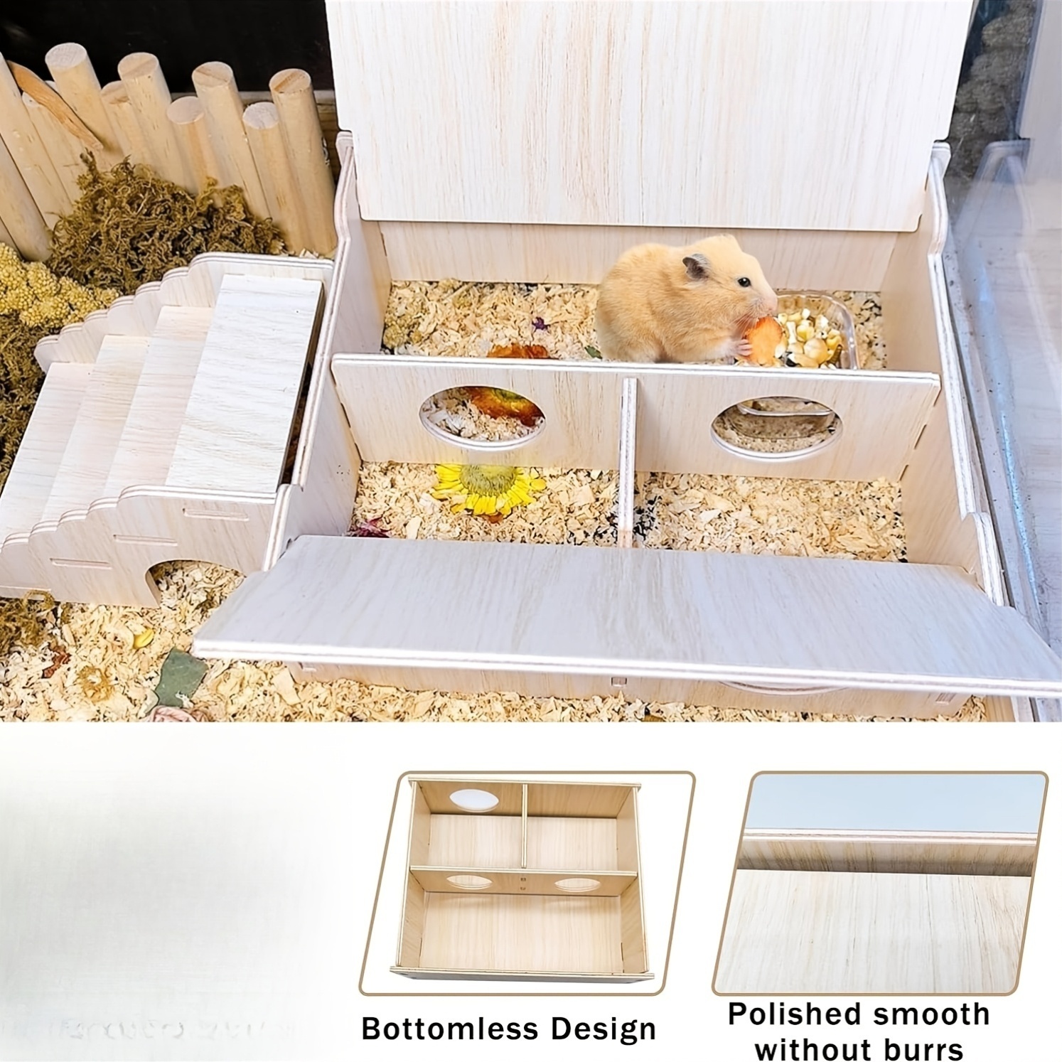 Multi-Compartment Wooden Hamster Hideout with Climbing Ladder