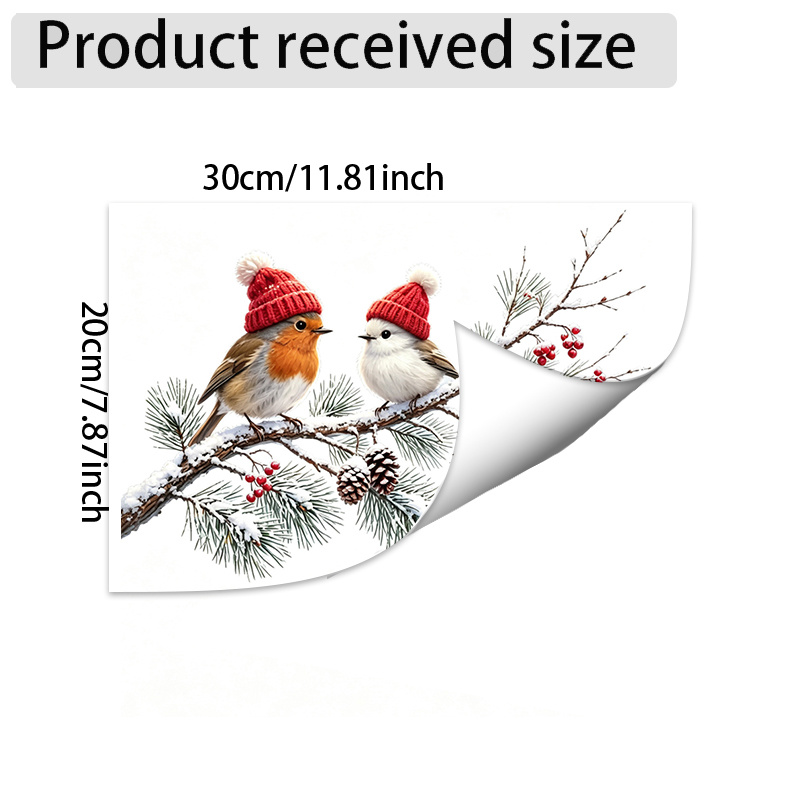 TEMU 2D Flat - 2D Flat - 2D Flat Druck Weihnachtsbaumzweig mit 5 kleinen Vögeln Fensteraufkleber, 2 Stück Strickmütze Vögel auf schneebedecktem