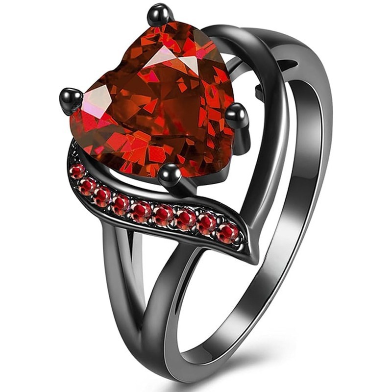 TEMU Unique Black Ring Inlay Red Synthetic Gemstone Heart Proposal Ring For Bridal Engagement Wedding Banquets Party Temperament Vintage Rings Jewelry Valentine's Day Gifts