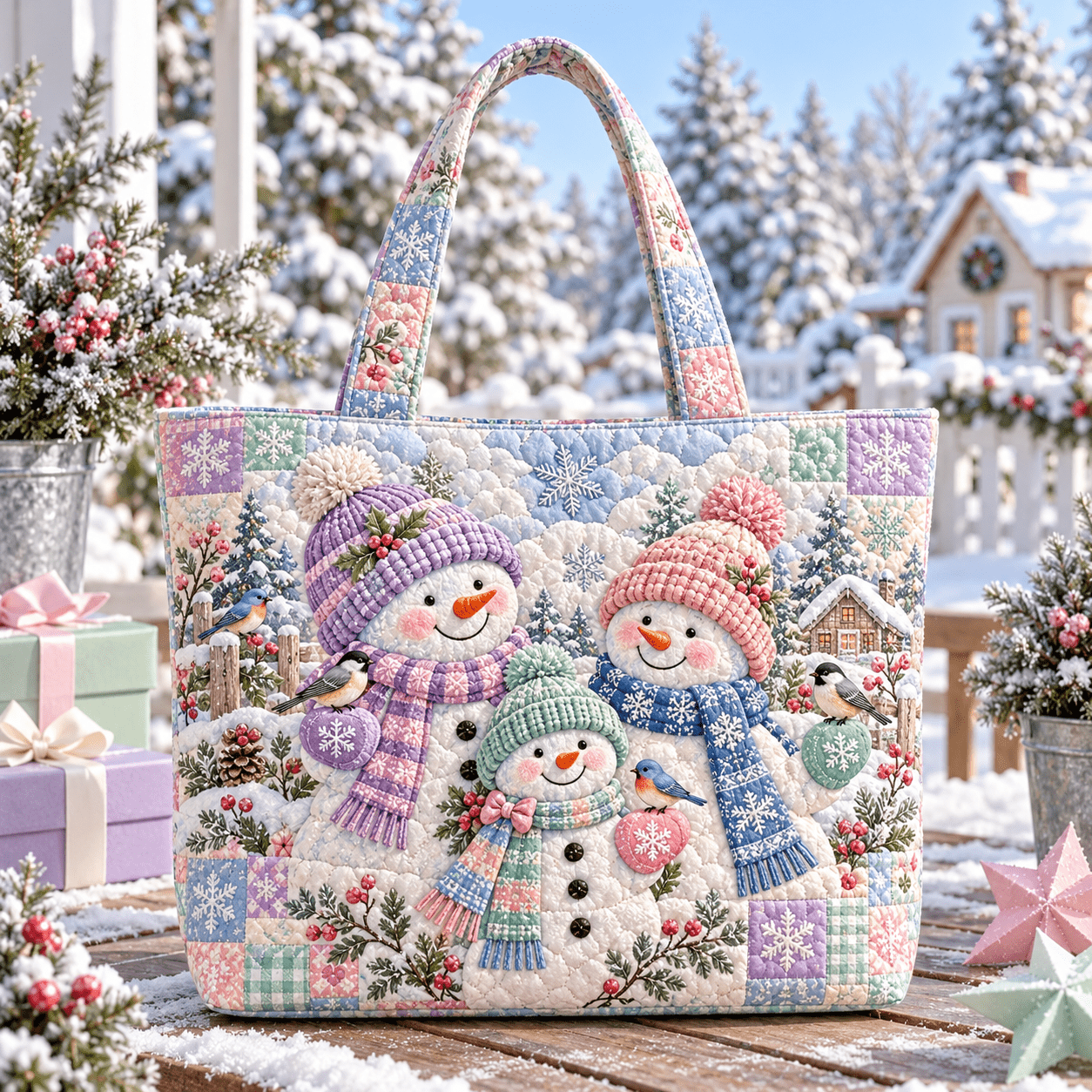TEMU Women's Pastel Retro Quilted Tote Bag With Snowman & - Large Capacity Lightweight Carryall Suitable For Work, Travel, Beach Trips, Groceries,
