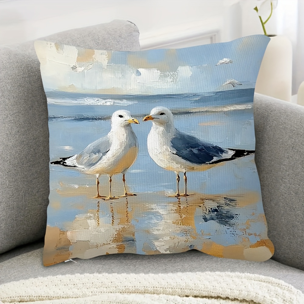 TEMU 1pc, Coastal Beach Seagull Short Plush Pillowcase, Single-sided Printed, With Zipper Closure, Suitable For Living Room Bedroom Sofa Decoration,