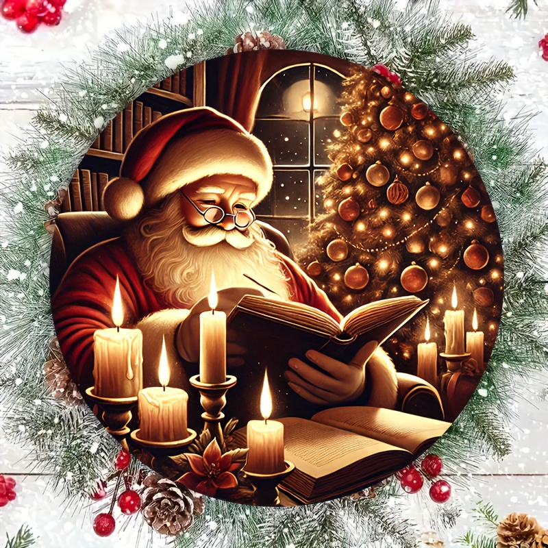 TEMU 2D Flach, 1 Stück Weihnachtsmann liest bei Kerzenlicht Eisenzeichen, 20,32x20,32cm Runde Metall Wandkunst, Langlebig, Wetterfest, für Zuhause &
