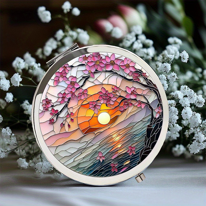 TEMU 2d Flat Print Portable Makeup Mirror Handheld Folding Round Mirror With Stained Glass Cherry Sunset Design For Wedding Favors Holiday Gifts