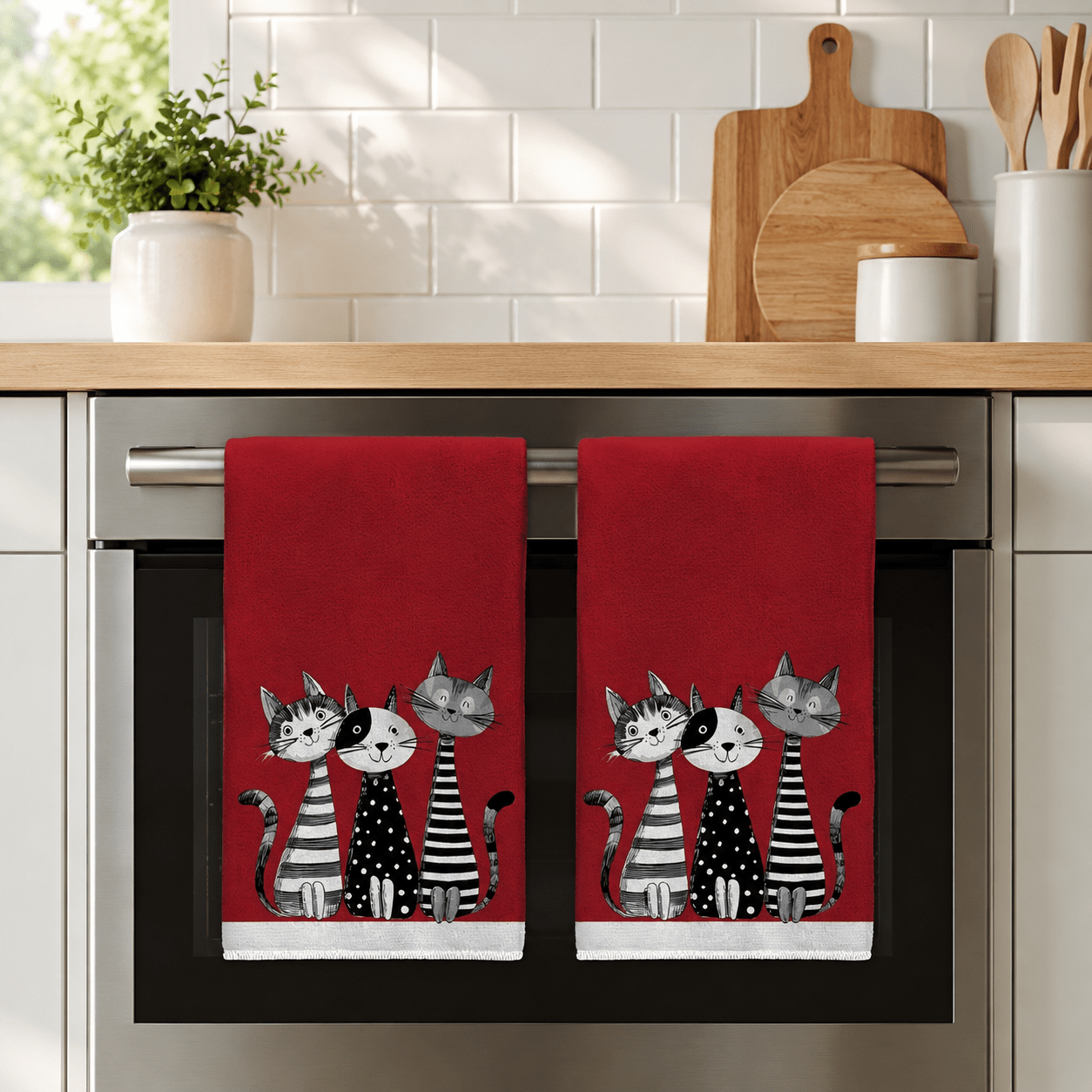 TEMU 2pcs Cute Polka Dot And Striped Cat Kitchen Towels, Kitchen Decorative Towels, Cleaning Cloths, Bathroom Decorative Towels, Soft, Skin-friendly,