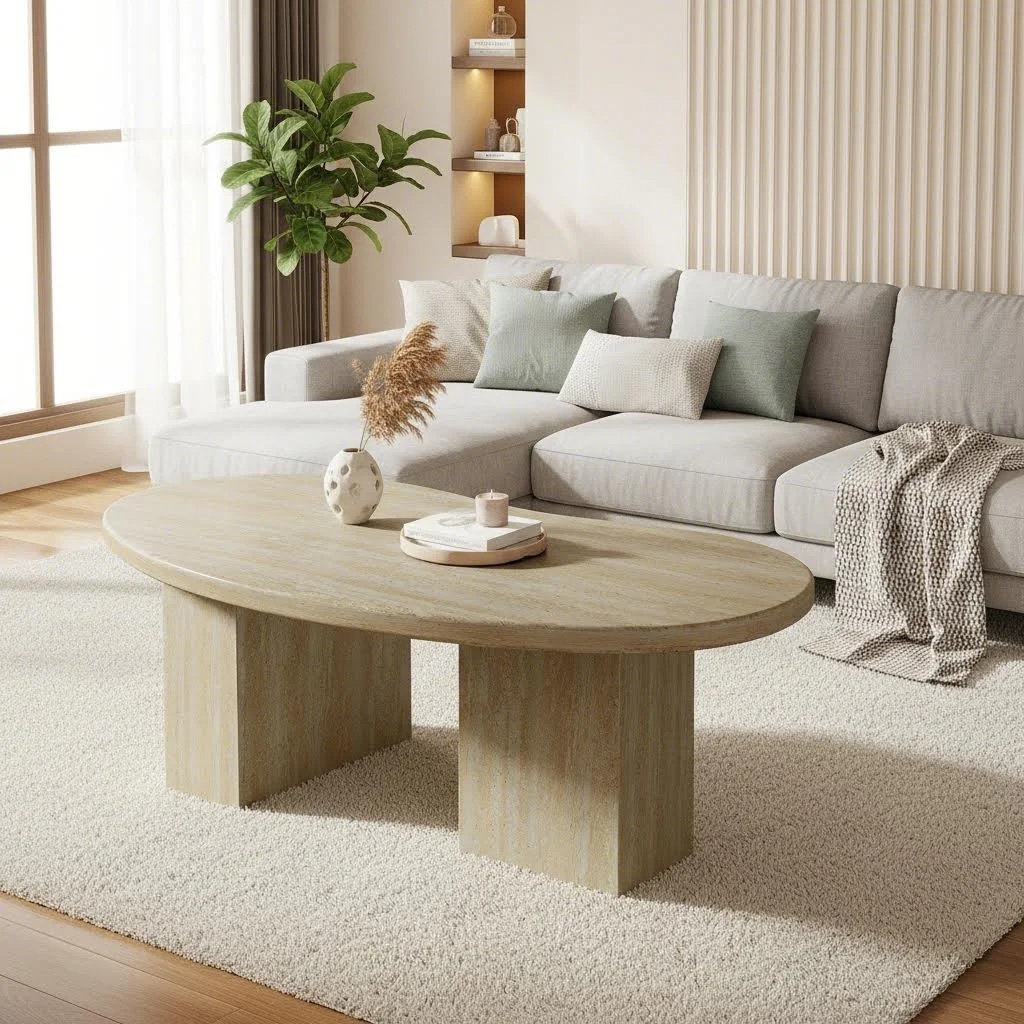 45.28-inch Oval Coffee Table For Living Room, Large Wood Center Cocktail Table With Asymmetric Pedestal, Oak