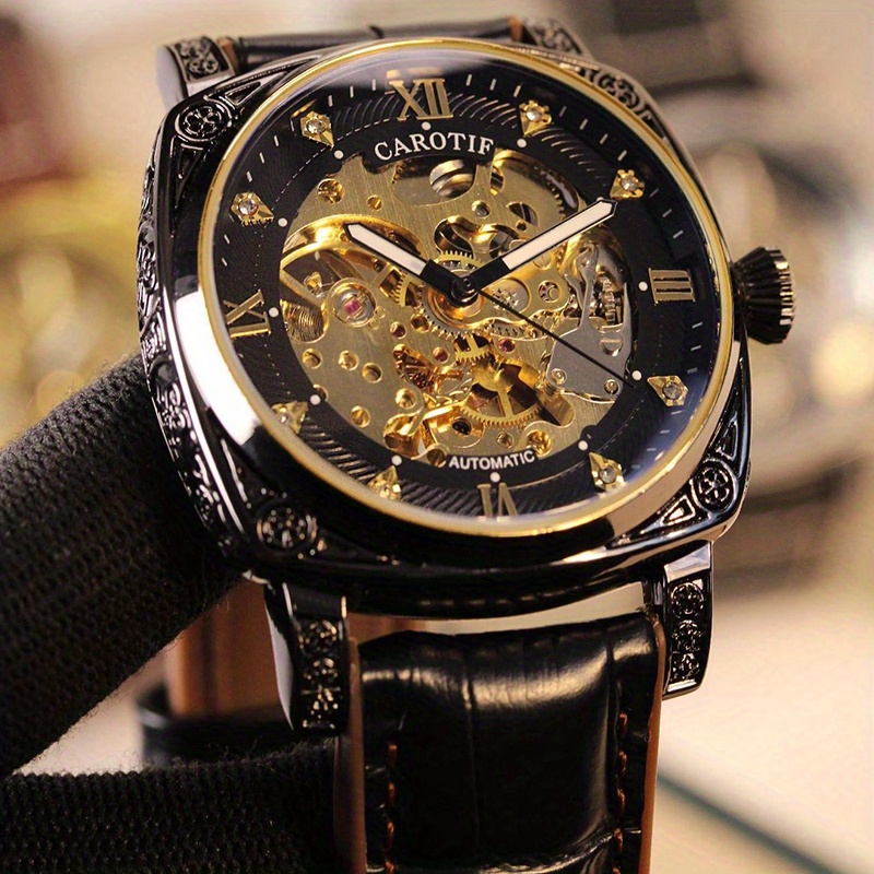 TEMU 1pc Teen Men's Black And Yellow Pu Belt Mature Rose Inlaid Luminous Mechanical Watch