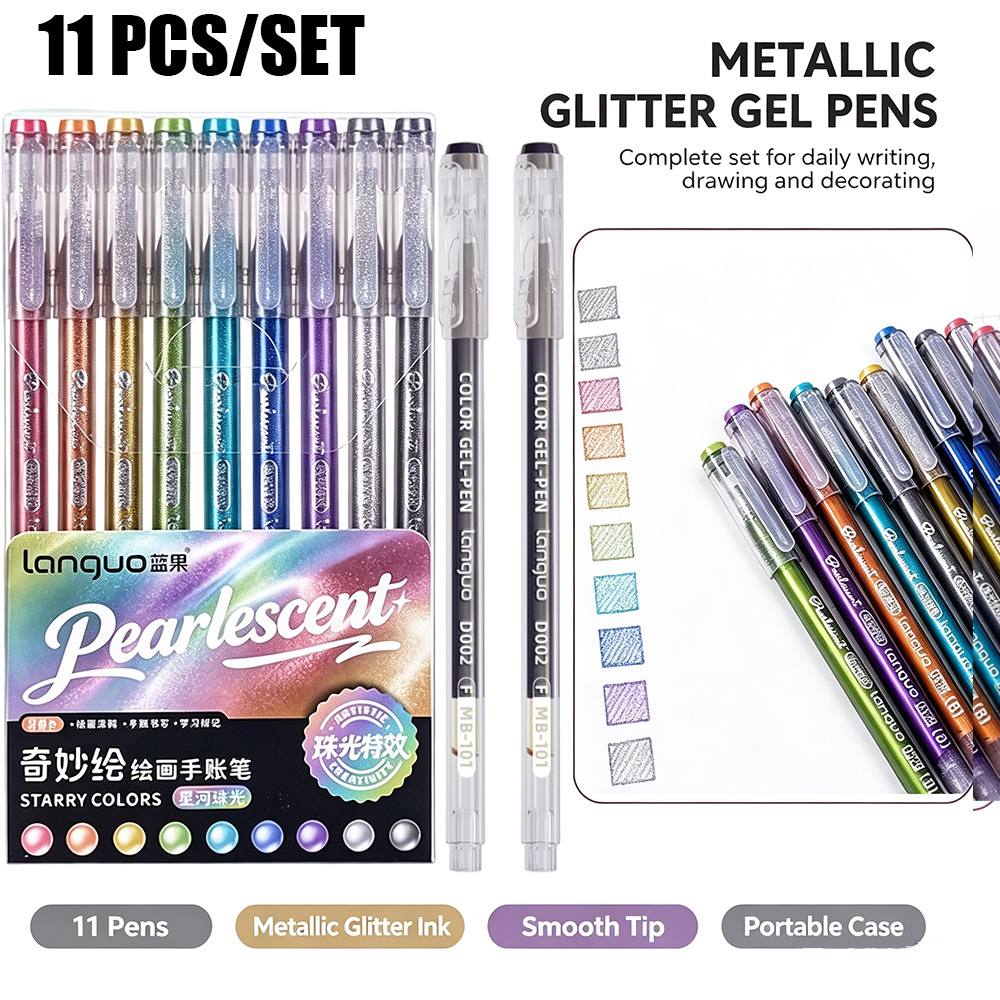 TEMU 11 Colors Metallic Glitter Gel Pens, Shimmer Journal Pens, Fine Point Writing For Students, Journal Scrapbook Decoration, Drawing Doodling,