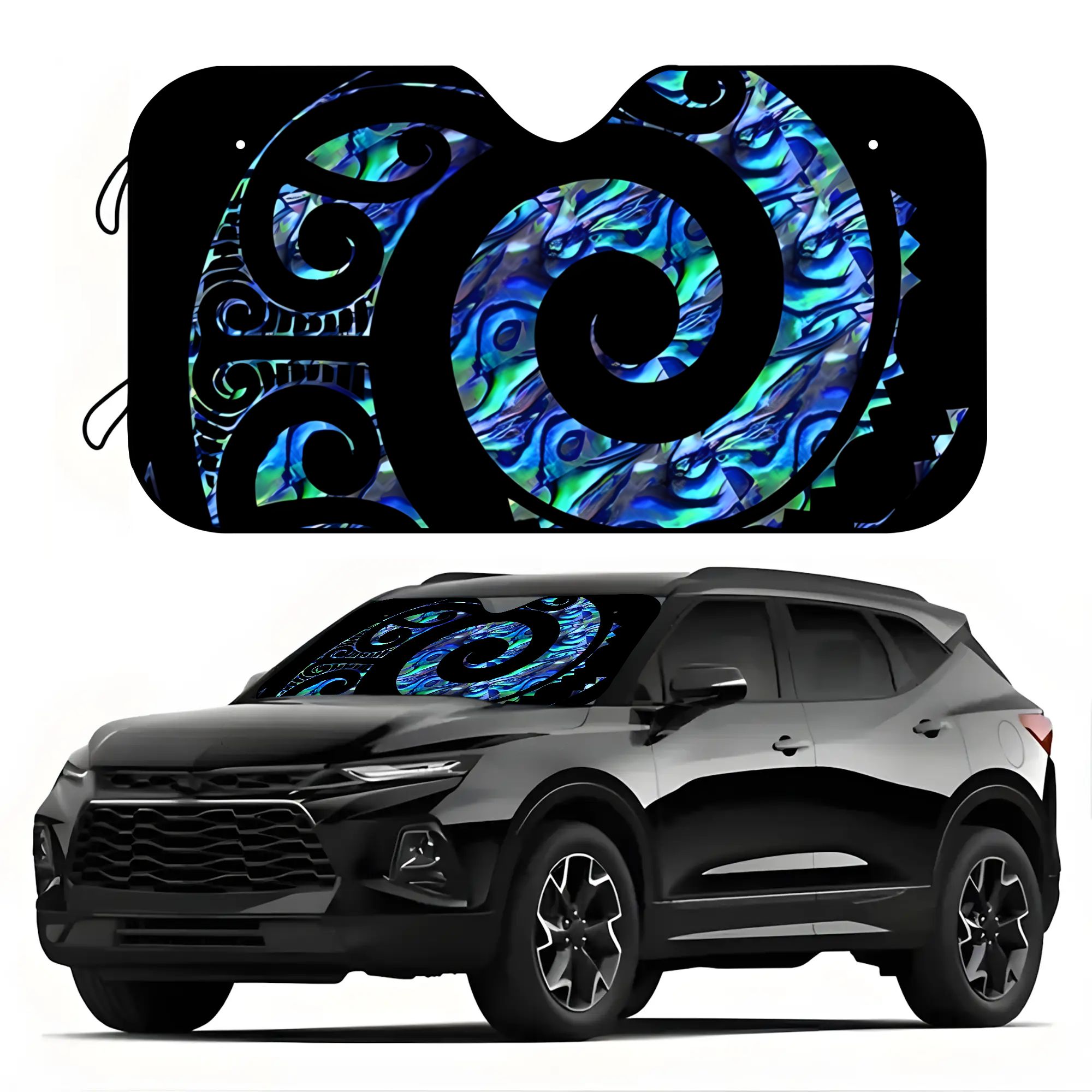 TEMU 2d Flat Printing 1pc Car Windshield Sunshade Printed With Maori Paua Shell Tattoo, Universal Fit, Effectively Keeps The Car Interior Cool