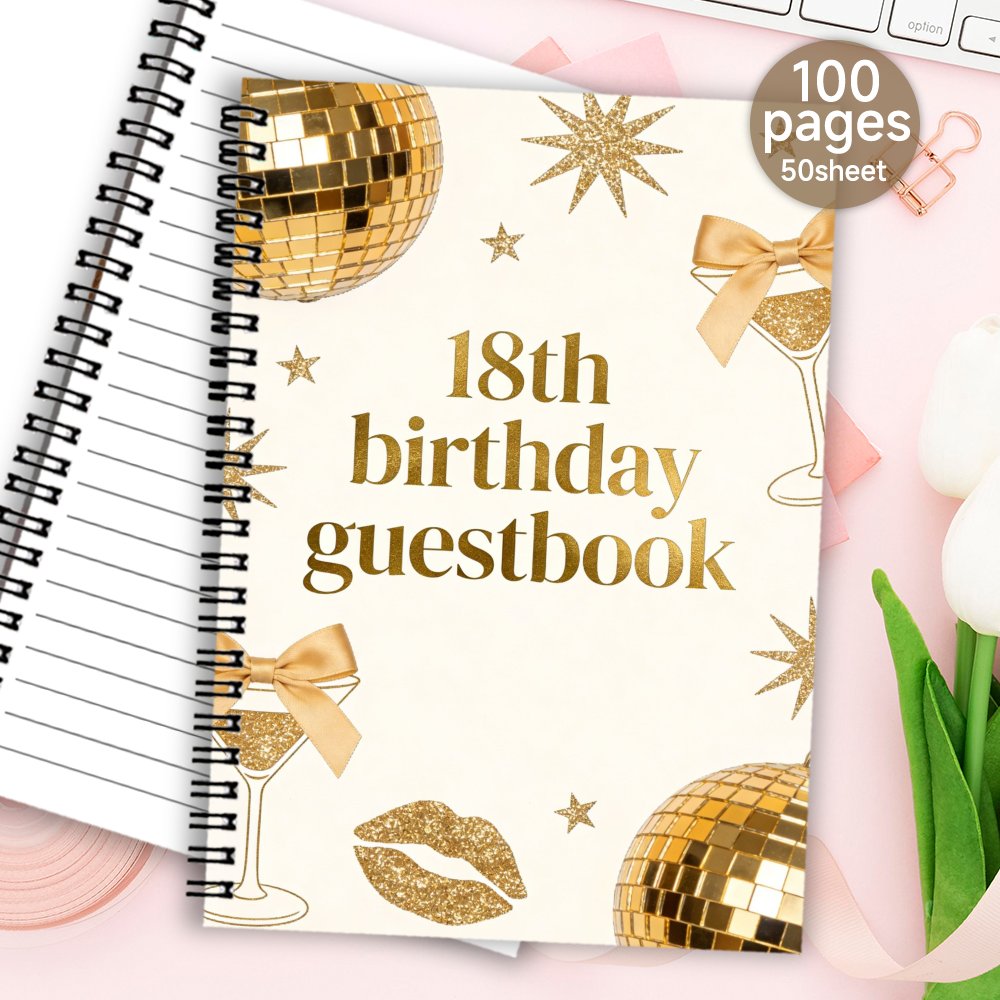 TEMU 1pc 'or , 'invités, Livre de souvenirs pour 18e anniversaire – Le meilleur cadeau pour elle, Cahier avec boule disco, cocktail pailleté et motif