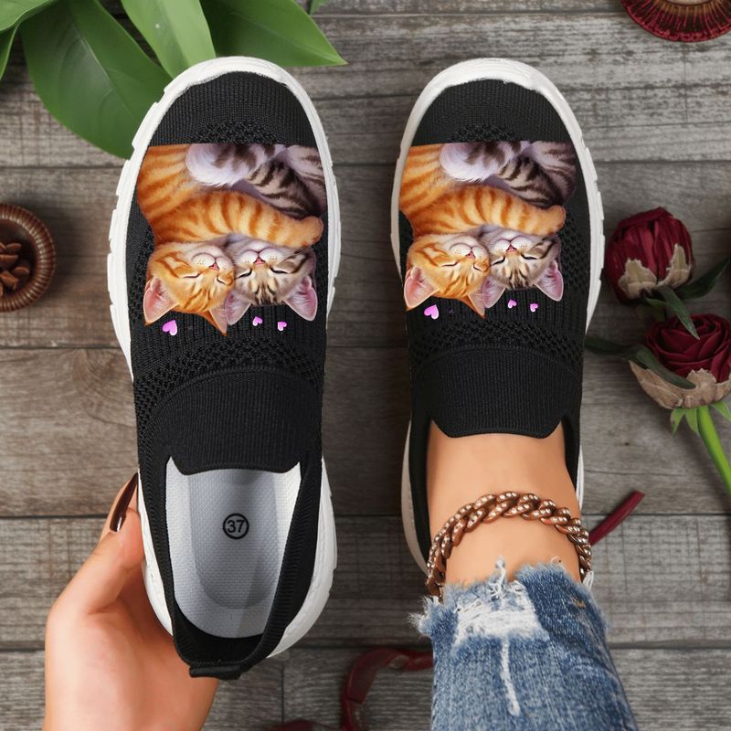 TEMU Black Slip - On Sneakers With White Soles & Thick White Cushioning, Cute Orange - White Tabby Cats Hugging Design, , Black Roses Decor, Silver