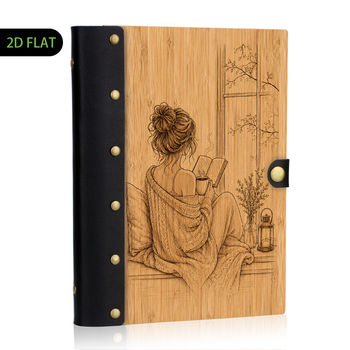 TEMU 1pc Vintage Reading Girl Wood Leather Binder Notebook, 100 Pages Refillable Loose Leaf, 2d Flat Hard Shell, Metal Rivets, Eye-friendly Lined ,