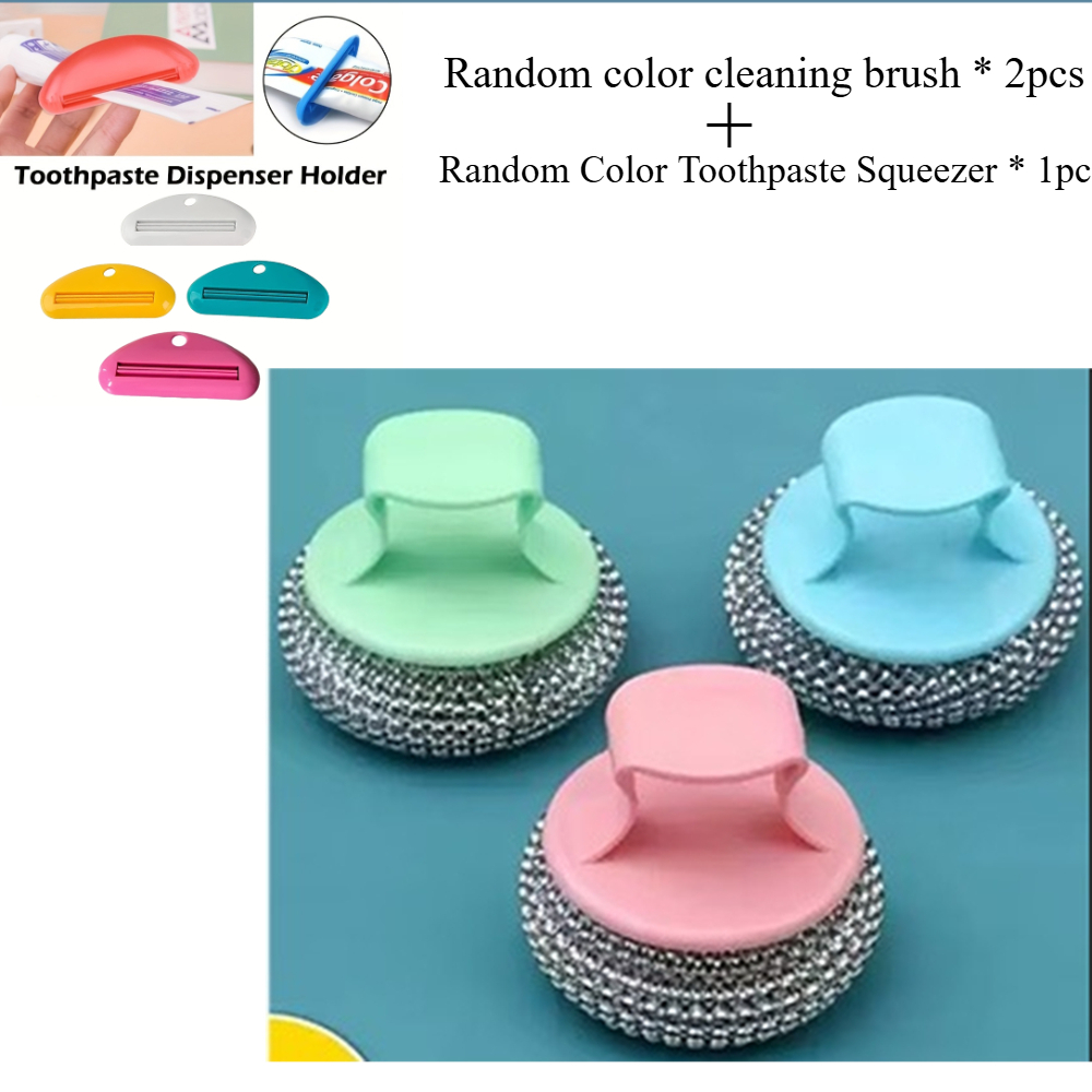 TEMU Juego de 3 piezas: 2 cepillos de limpieza aleatorios + 1 exprimidor de pasta de dientes de color aleatorio con estropajo de alambre nano