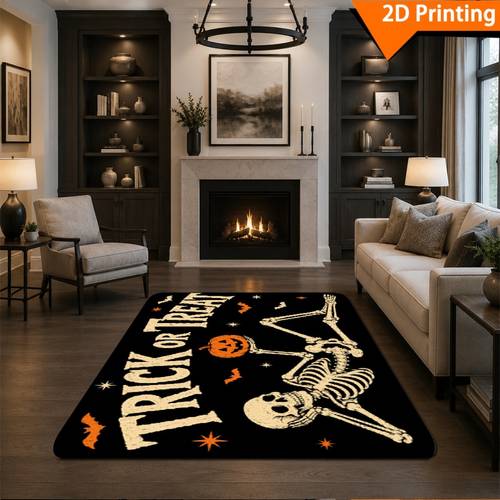 2d flat 2d flat 2d flat 1pc trick or treat halloween skeleton holding jack o lantern with bats and stars soft flannel floor mat for shower tub bedroom entryway home decor