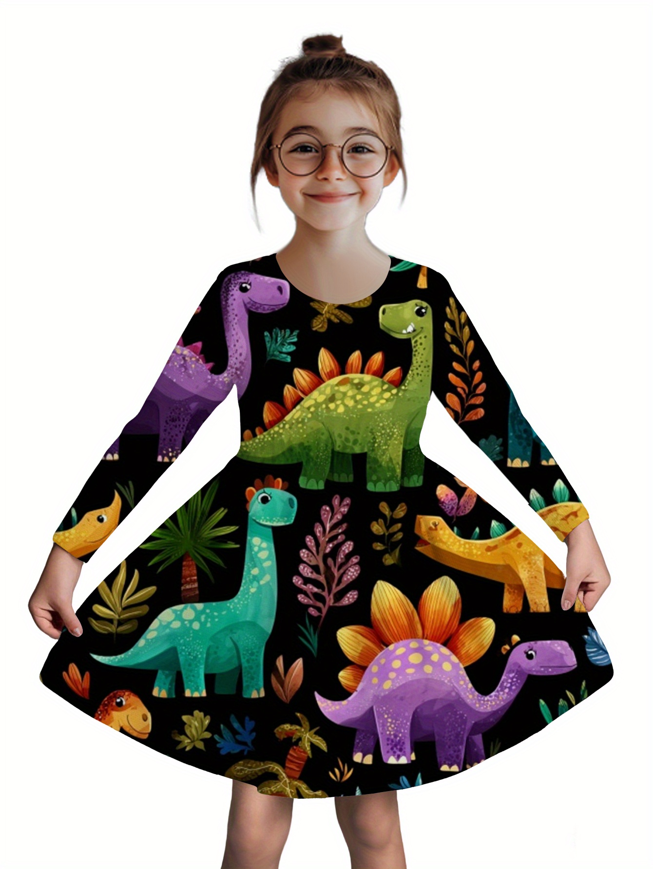 Dinosaur Print Long Sleeve Dress with Pockets - Vibrant Multicolor Dinosaur & Jungle Animal Patterns, A-Line Silhouette, Machine Washable Playwear for Birthday Party, Everyday & Outdoor Activities -   Casual Outfit ( ) - Round Neck, Random Dinosaur & Foliage Print, Spring/Summer/Fall Wear,   Holidays, Beach Parties & Casual  , Holiday Outfits, Durable Clothing, Lightweight Fabric,  , Young