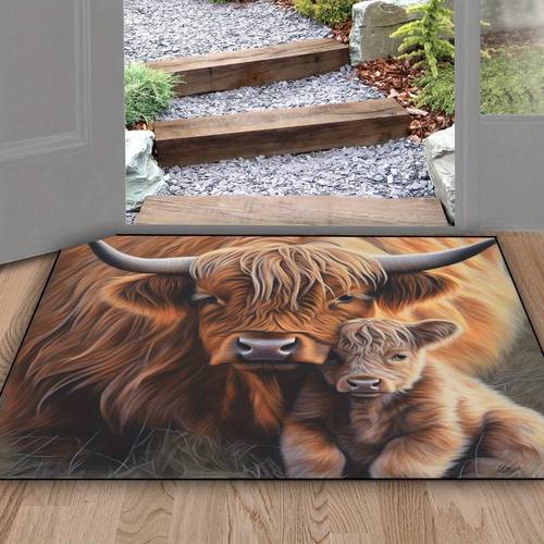 1pc hkstorage realistic highland print non slip mat 100 polyester with rubber backing hand wash only rectangular floor mat for kitchens living rooms holiday summer decor highland cow kitchen rugs hallway runner accents durable polyester farmhouse style machine made indoor mat farmhouse decor