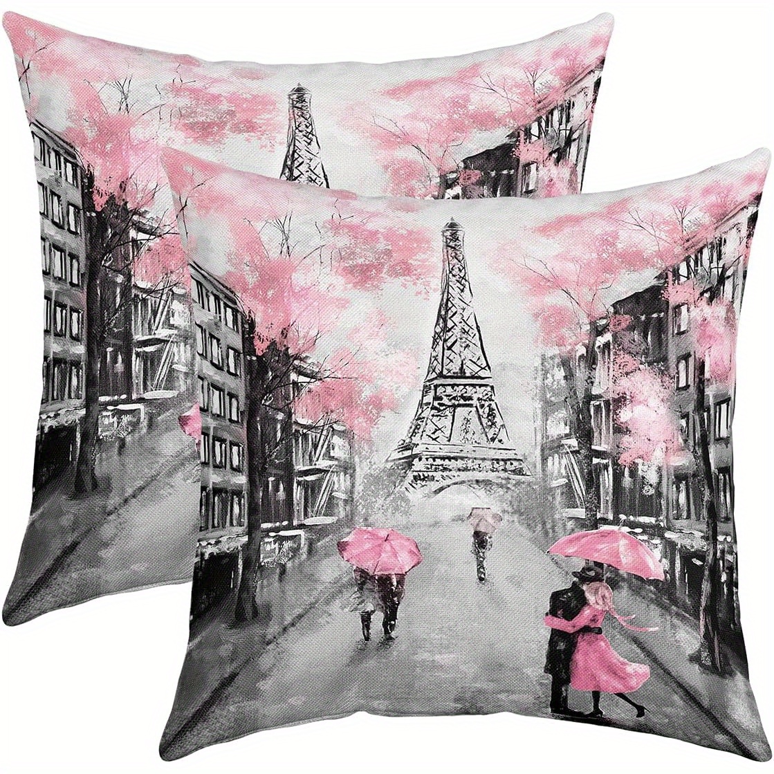 

2pcs Reversible 18x18" Paris Pillow Covers, Vintage Watercolor Cherry Design For Home Decor - Zip Closure, Machine Washable