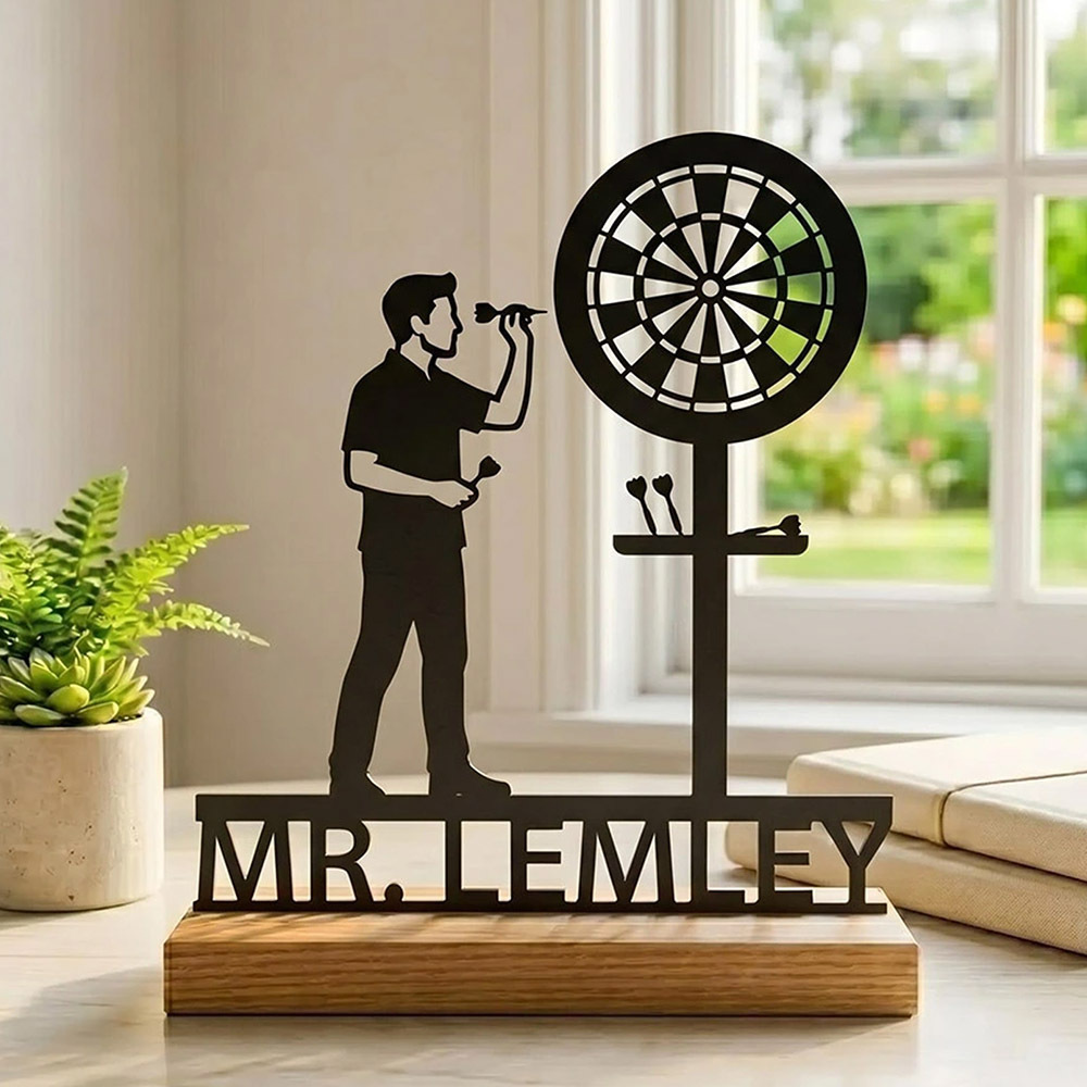 TEMU 1pc Custom Metal For Dart Player Sign Personalized Desktop Decor With Wooden Base Unique Gift For Darts Cave Office Home Decor Durable Stylish