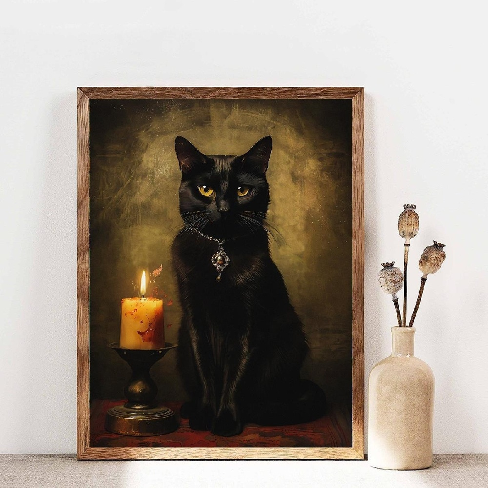 TEMU 2d Flat, 2d Flat, Black Cat Retro Art Deco Canvas Print, Classic Gothic Pet Portrait Wall Art, Animal Theme Frameless Painting Poster, Suitable