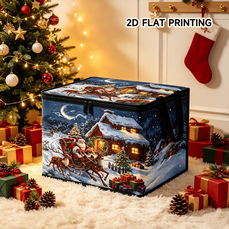 TEMU 1pc Christmas Snow Scene Vintage Print Large-capacity Storage Box, Equipped With A Sealing Zipper And A Portable Handle, Can Store Christmas