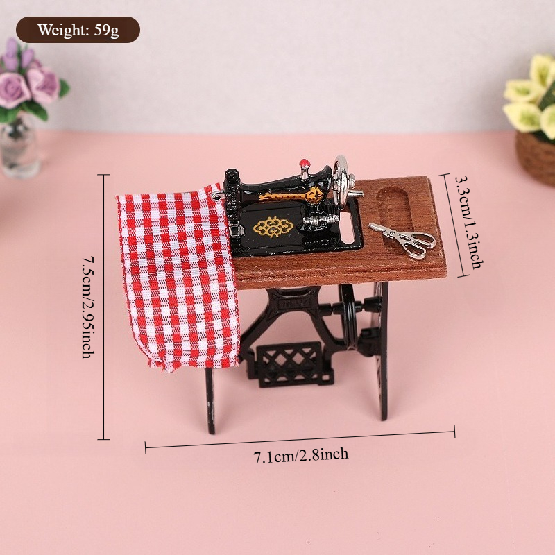 Image of 1:12 Dollhouse Mini Retro Sewing Machine Model Ornament With Checkered Fabric Miniature Vintage Accessory Dollhouse Decor