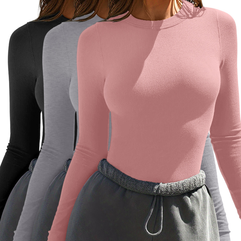 

3-pack Women's Long Sleeve Tops, Round Neck, Slim Fit, Casual Ribbed , Fashion T-shirts, Conservative Style, Autumn/winter Season, Solid Color, Regular Length, Polyester Material