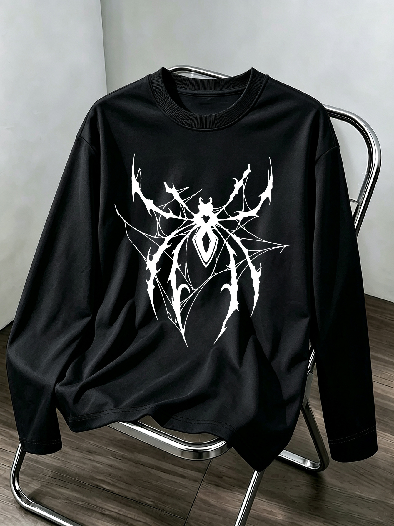 artikel foto heren herfst ronde hals lange mouw, 100%, amerikaanse   zwart dorn   web zwart-wit   print, veelzijdig ronde hals lange mouw ontwerp, modieuze multifunctionele herenkleding,   casual ademende outdoor sport top
