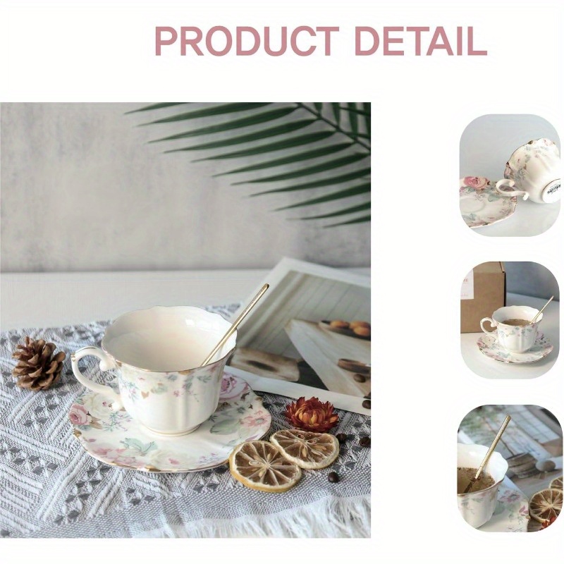   floral porcelain tea cup and saucer set with spoon   6.4oz set of 1 pink 1 pink, tea set,   party,  , classic porcelain,  ge  ,  , delicate  , floral teacup, gift for her, hostess gift Product details 3